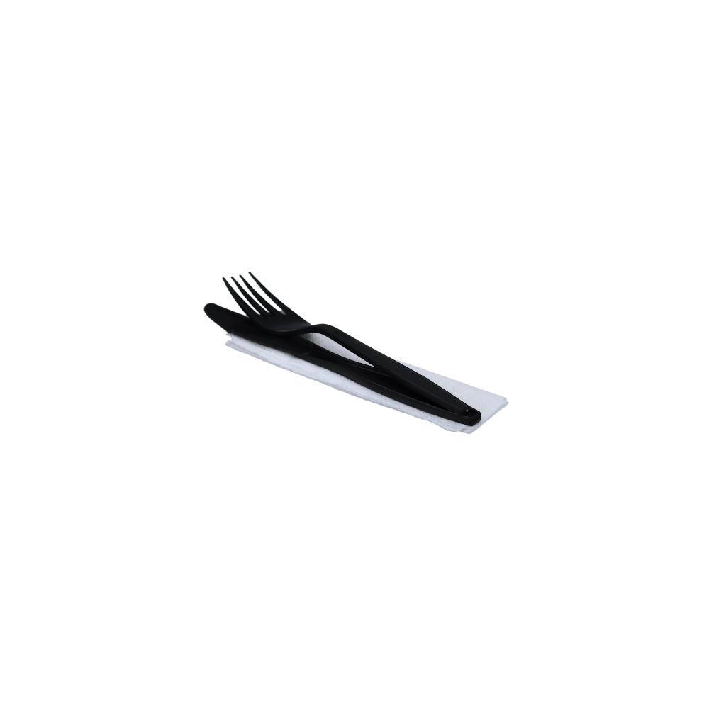 PP FORK & KNIFE WITH NAPKIN BULK (250) Black 